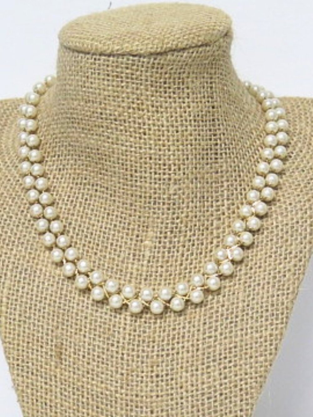 Vintage Faux Pearl Necklace Gold Tone Double Row Woven Estate Jewelry